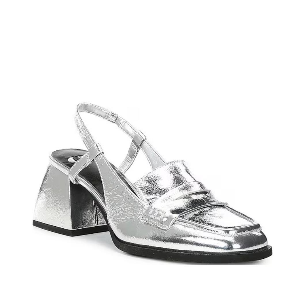 GB Silver Crinkle Leather Slingback Heels 7M Work Loafers Block Heel Y2k NEW